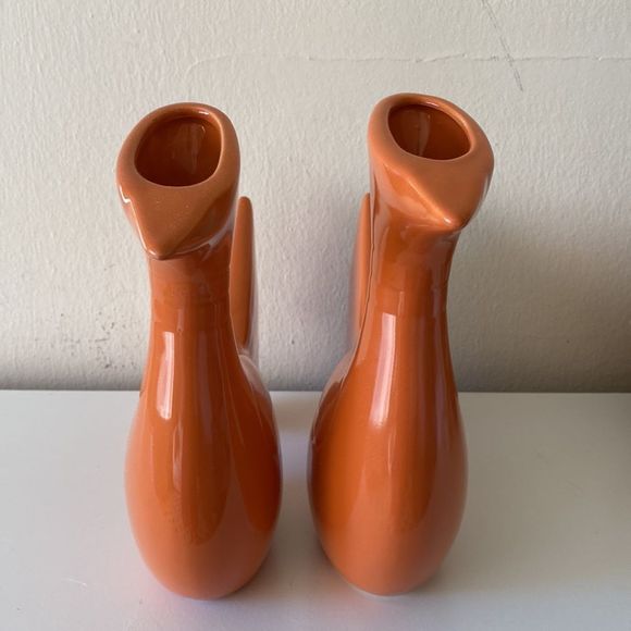Set Of 2 Global Views Orange Mod Art Deco Bird Vases - Picture 6 of 11